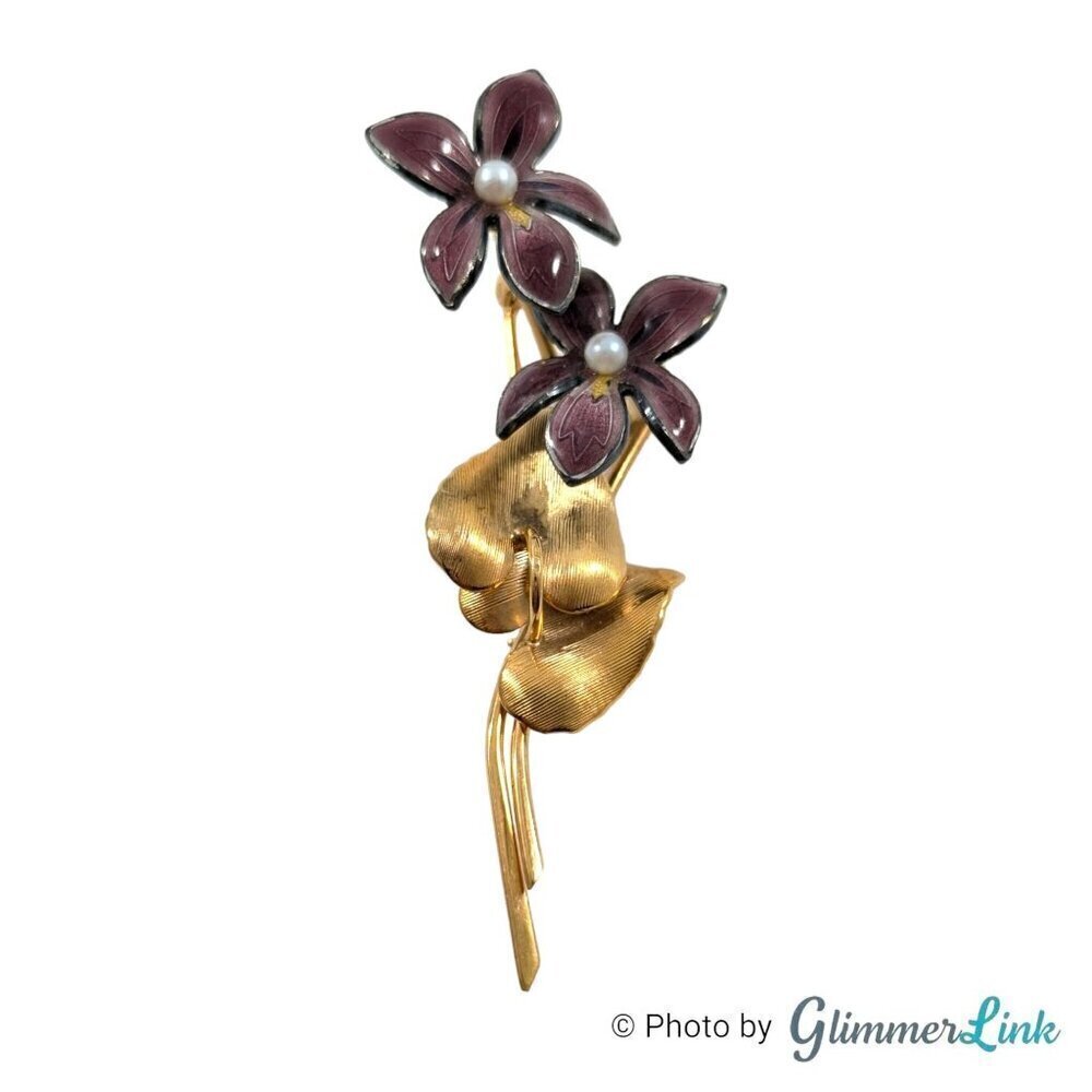 VTG Wells 14KT Gold Filled & Sterling Purple Flowers Leaves Mid Century Brooch